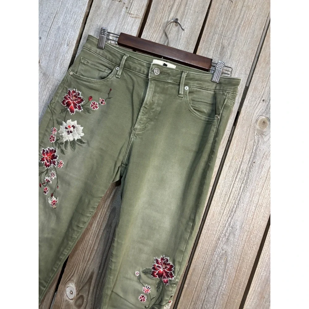 Driftwood Jackie Floral Embroidered Skinny Jeans Olive Green W29 L28 Boho Pants - Picture 2 of 6